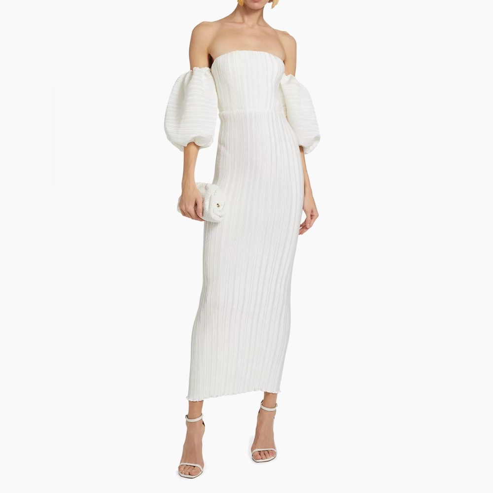 Elegant L’Idée Sirene White Plissé Puff-Sleeve Dress - perfect for brides!